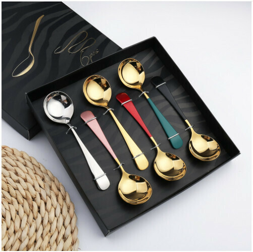 New 304 stainless steel Chinese tableware set (410-six-color short-handled spoon gift box)