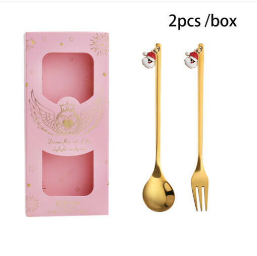 新款聖誕卡通勺叉餐具套裝（410聖誕老人勺叉+粉盒）