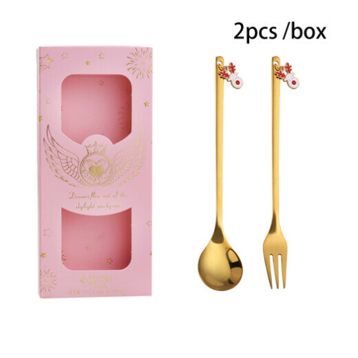 新款聖誕卡通勺叉餐具套裝（410聖誕麋鹿勺叉+粉盒）