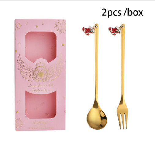 新款聖誕卡通勺叉餐具套裝（410聖誕襪勺叉+粉盒）