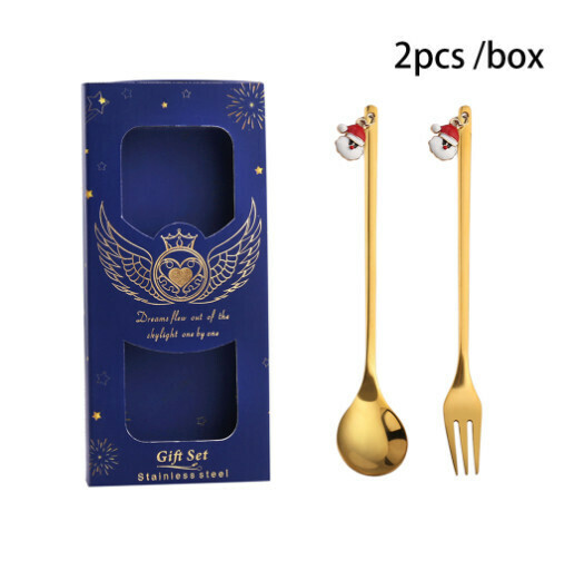 新款聖誕卡通勺叉餐具套裝（410聖誕老人勺叉+藍盒）