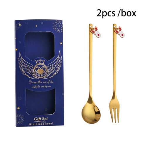 新款聖誕卡通勺叉餐具套裝（410聖誕麋鹿勺叉+藍盒）