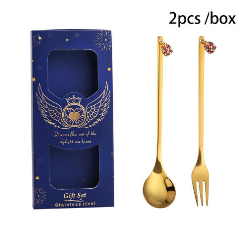 新款聖誕卡通勺叉餐具套裝（410聖誕禮物勺叉+藍盒）
