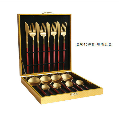 新款不銹鋼拉絲刀叉勺餐具套裝（紅金-16件套）