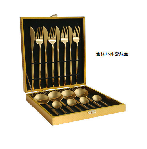 新款不銹鋼拉絲刀叉勺餐具套裝（鈦金-16件套）