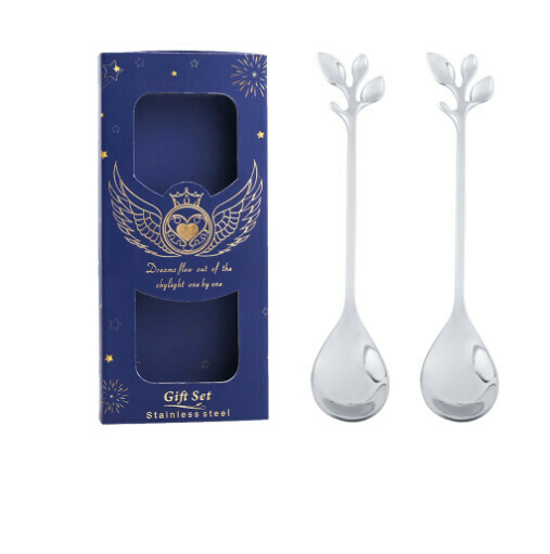 Hotly recommended wedding gift box and tableware set (leaf spoon silver two-piece set - navy blue box)
