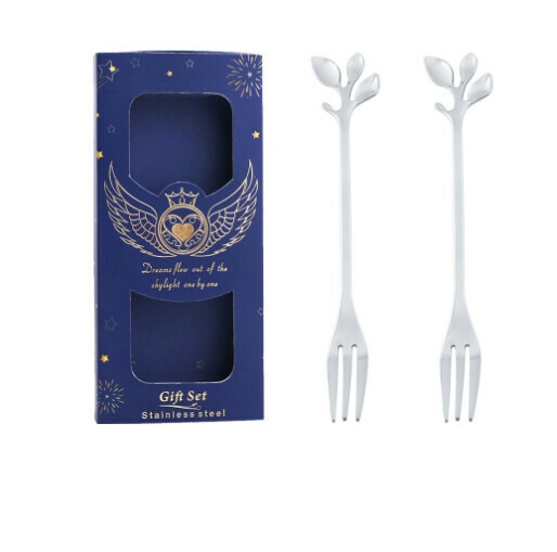 Hot recommended wedding gift box and tableware set (leaf fork silver two-piece set - navy blue box)