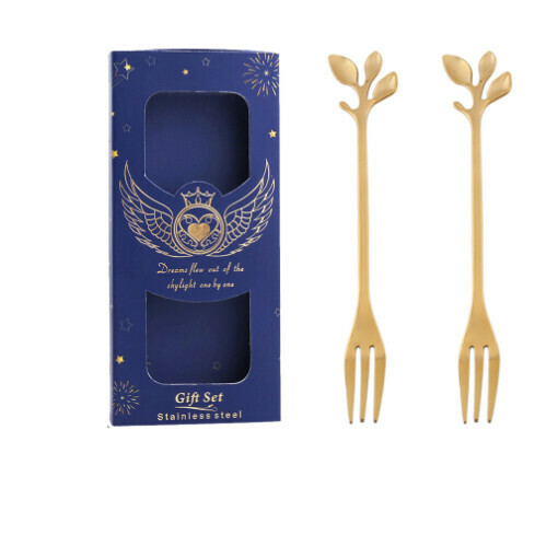 Popular wedding gift box and tableware set (leaf fork gold two-piece set - navy blue box)