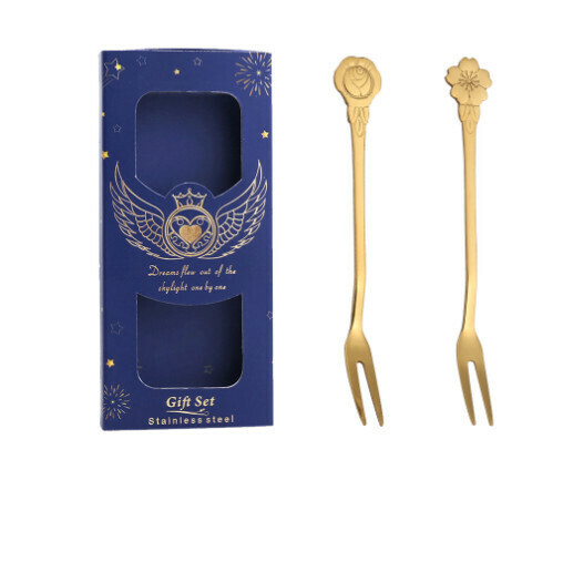Hot recommended wedding accompaniment gift box and tableware set (two-piece set with flower and fork in gold - navy blue box)