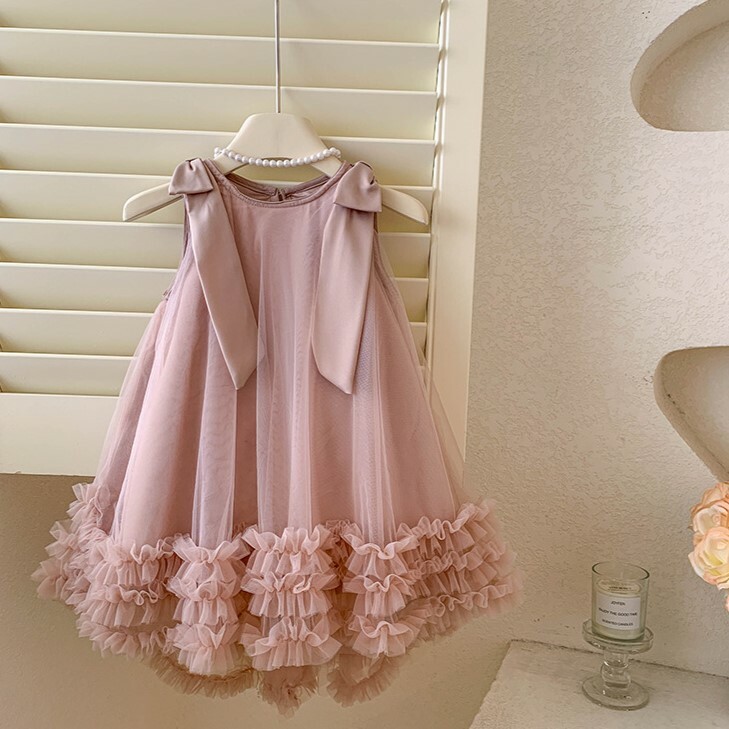 現貨 130cm 無袖肩膀蝴蝶結下擺抓皺紗裙洋裝 粉色 90-150cm #MT41471