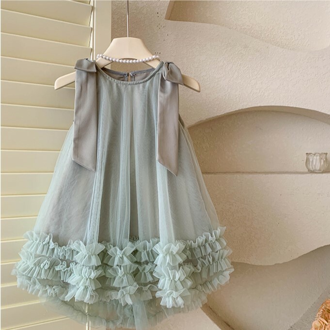 現貨 100cm 無袖肩膀蝴蝶結下擺抓皺紗裙洋裝 淺綠色 90-150cm #MT41471