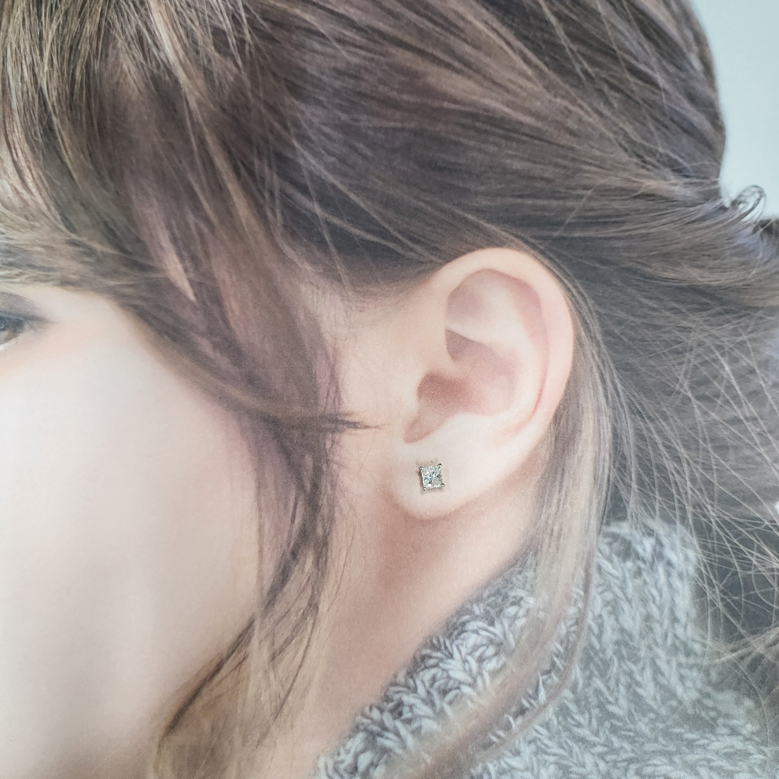 全新18K白金【主石42份方形鑽石】單耳環