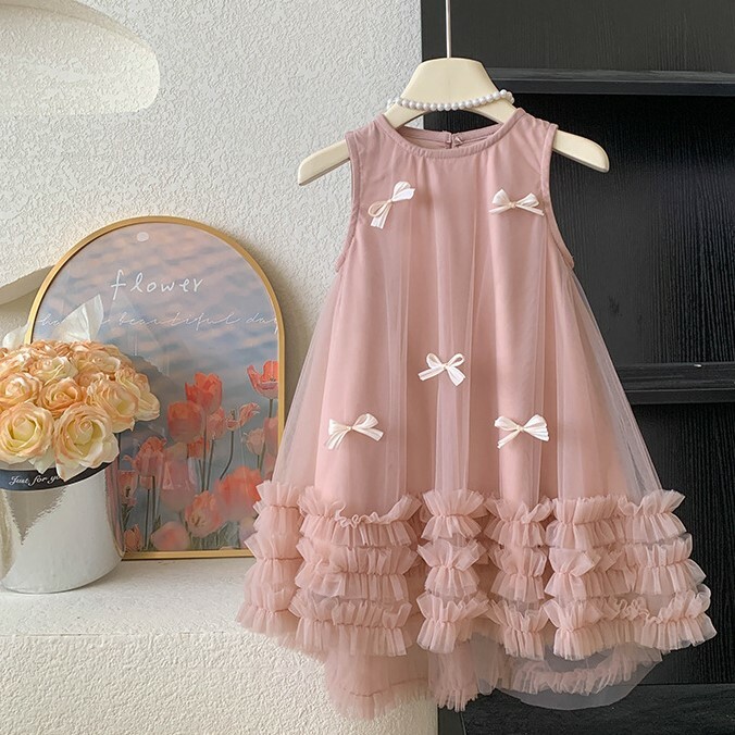 無袖滿版蝴蝶結下擺抓皺紗裙洋裝 米白色 90-150cm #24X080