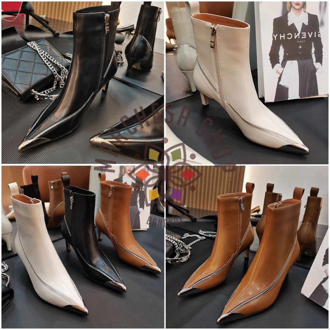 S3148 - 牛皮型格金屬拉鏈尖頭高踭短靴