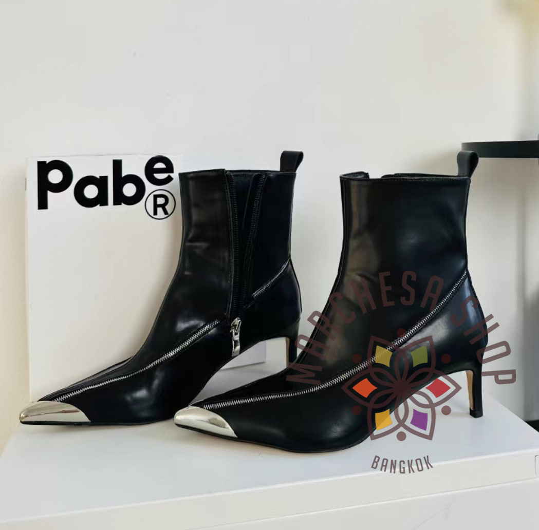 S3148 - 牛皮型格金屬拉鏈尖頭高踭短靴