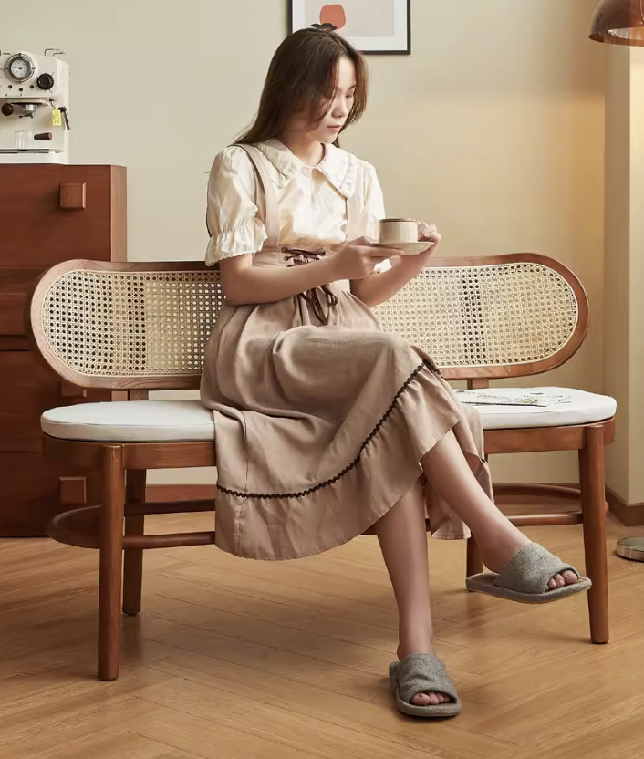 壹玖築夢空間 日式實木藤編靠背長凳