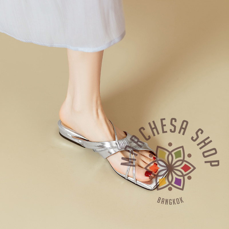 S3150 - 真皮牛皮粗幼扭帶平底涼拖