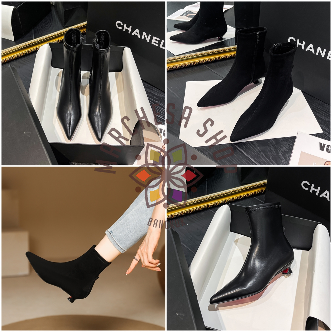 S3151 - 真皮頭層牛皮車綫尖頭低踭短靴 (大小呎碼)