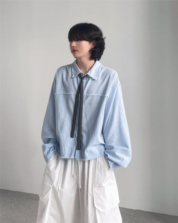 Tesla亞麻剪邊短款襯衫