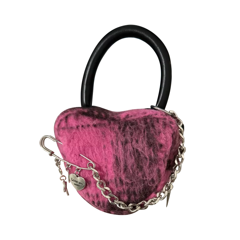 現貨絨毛格紋愛心小包 / 鍊條可拆