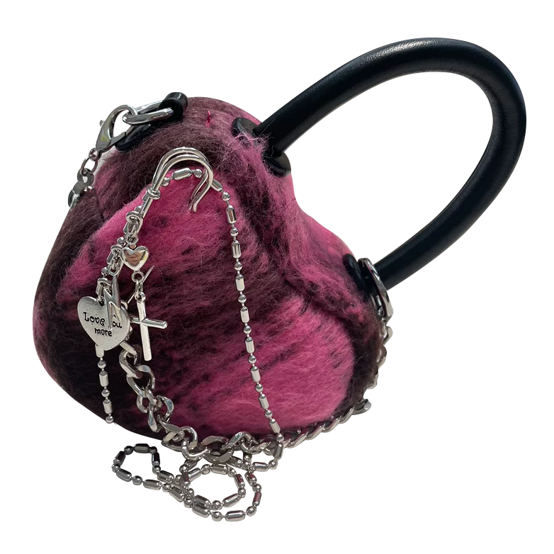 現貨絨毛格紋愛心小包 / 鍊條可拆