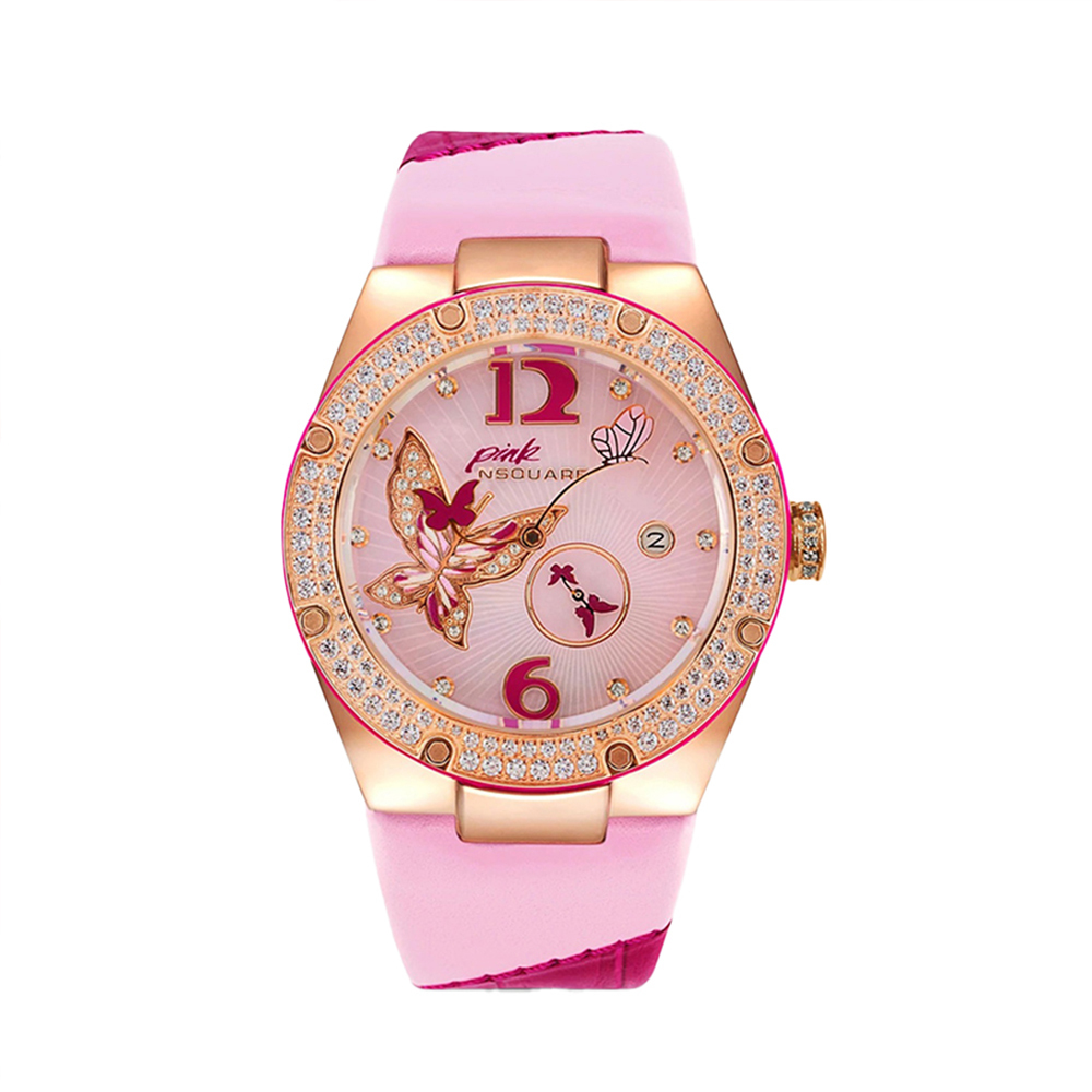(預購)【NSQUARE Gracefully】 L0519-NP01.3 蝴蝶 優雅 施華洛世奇水鑽 真皮 機械錶 櫻花粉