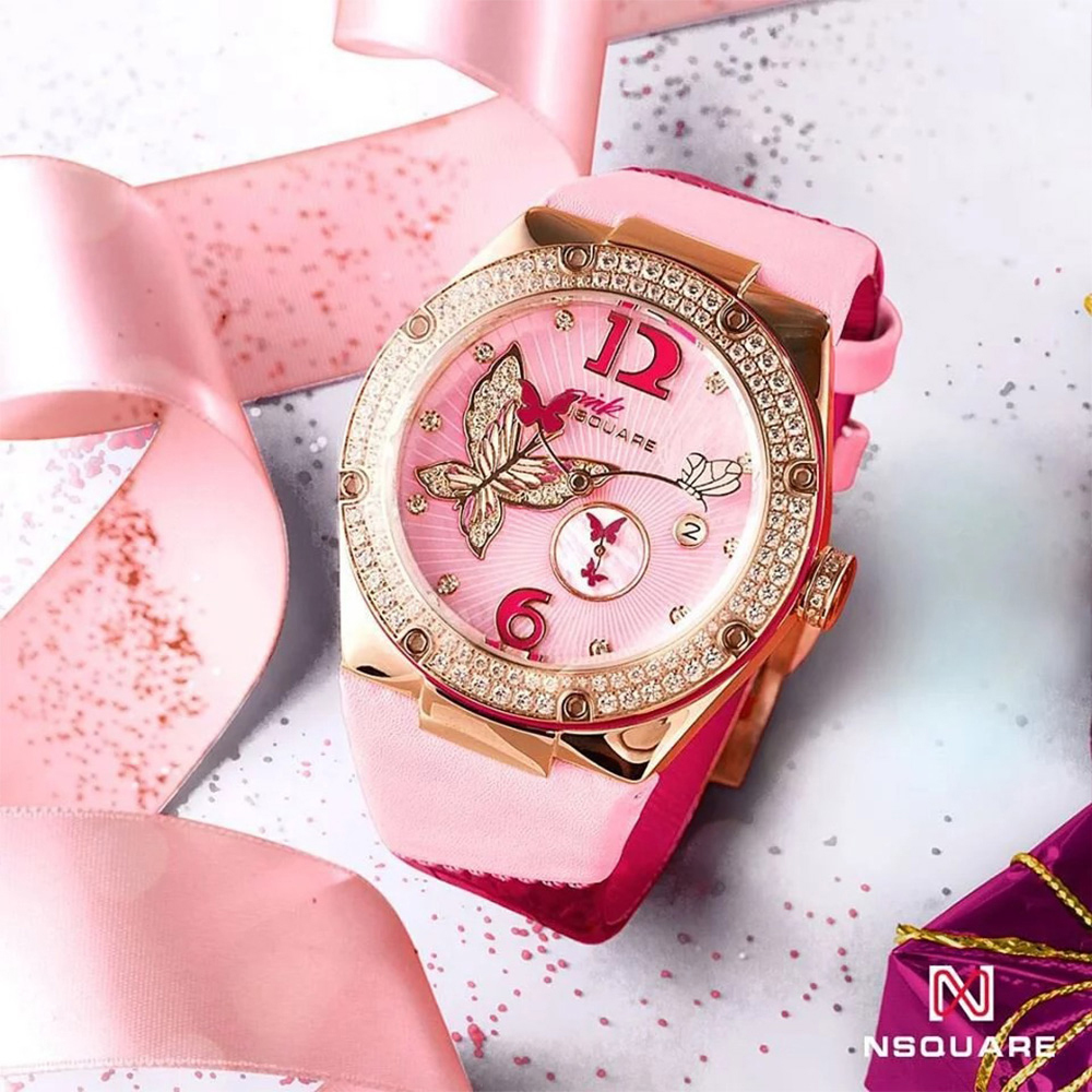 (預購)【NSQUARE Gracefully】 L0519-NP01.3 蝴蝶 優雅 施華洛世奇水鑽 真皮 機械錶 櫻花粉