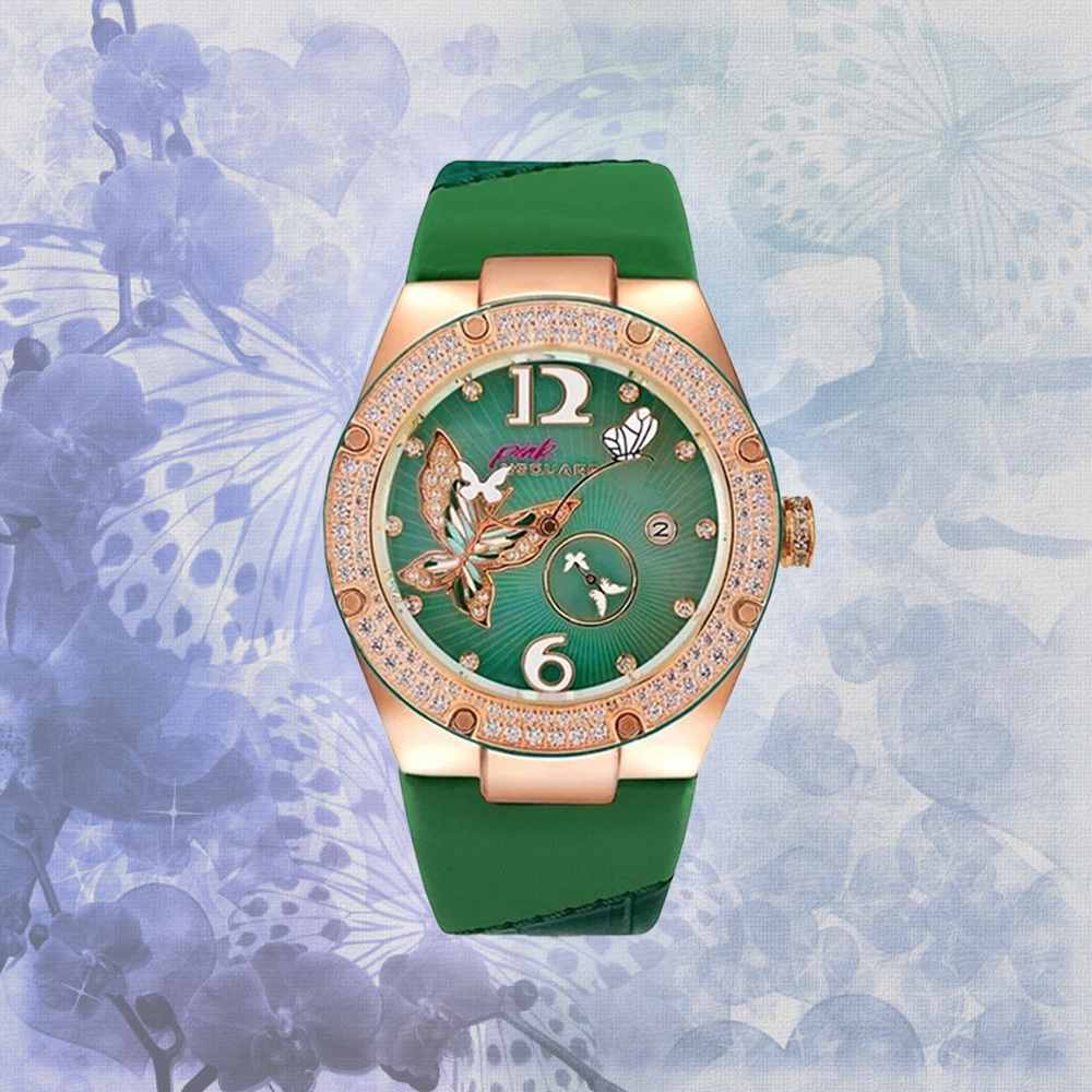 (預購)【NSQUARE Gracefully】蝴蝶系列 L0519-NP01.4 施華洛世奇水鑽 真皮 機械錶 碧翠色