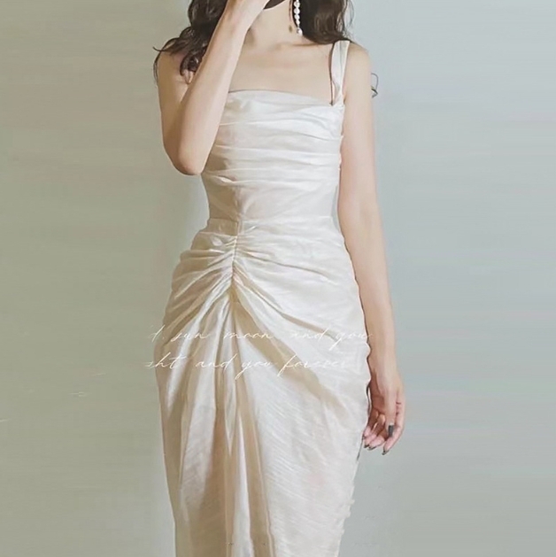 方領抓皺 高級長洋裝