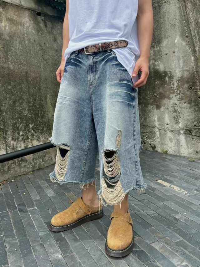 韓國 破洞 刷色 膝下 七分 牛仔褲