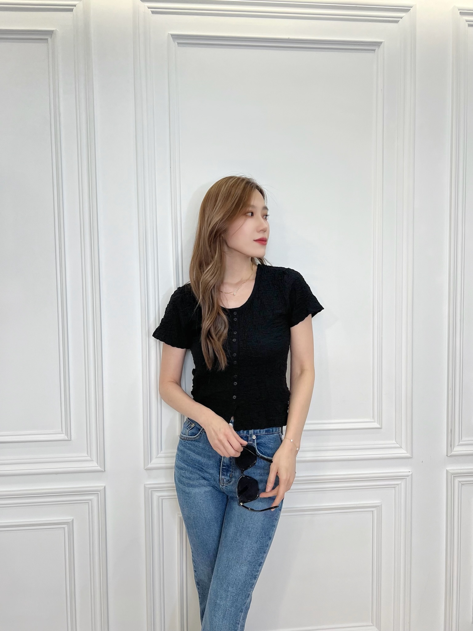 揉皺感圓領短袖上衣