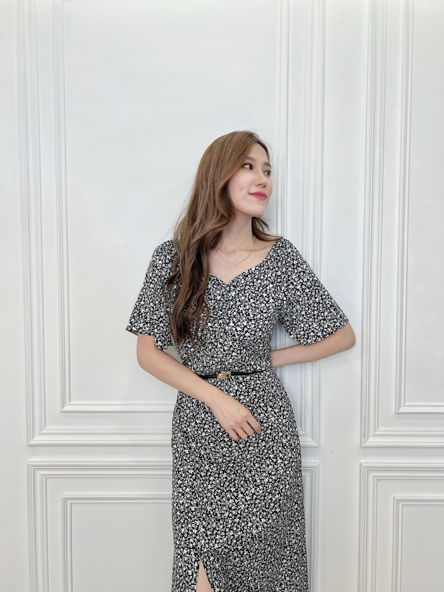 短袖碎花開衩長洋裝