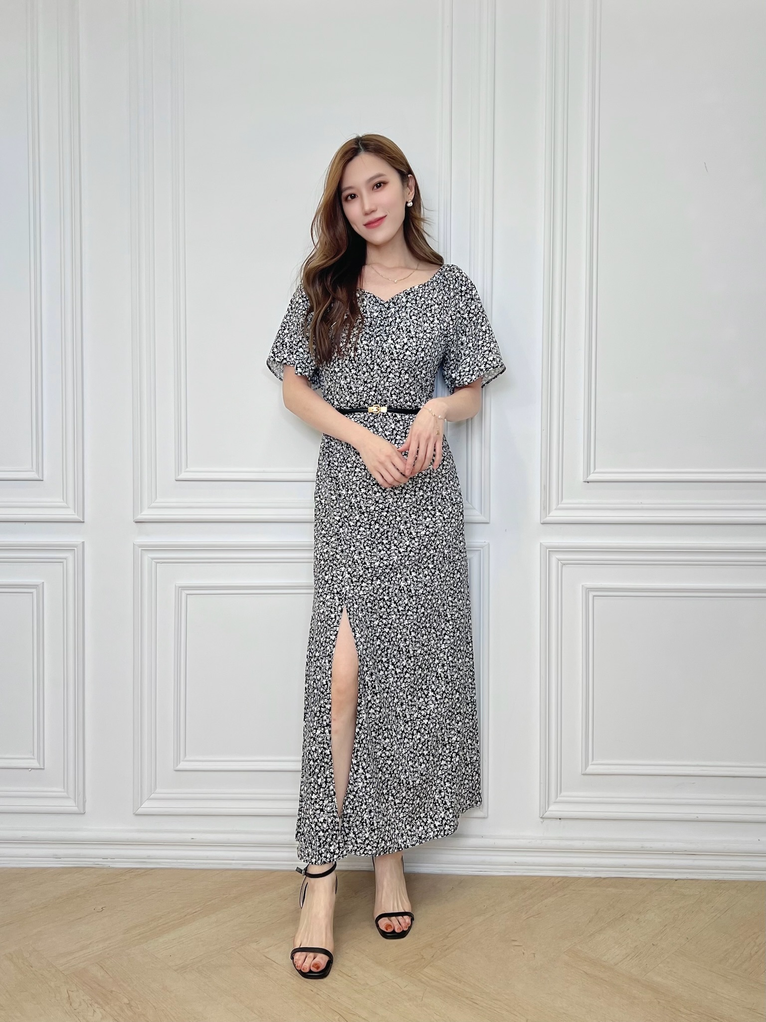 短袖碎花開衩長洋裝