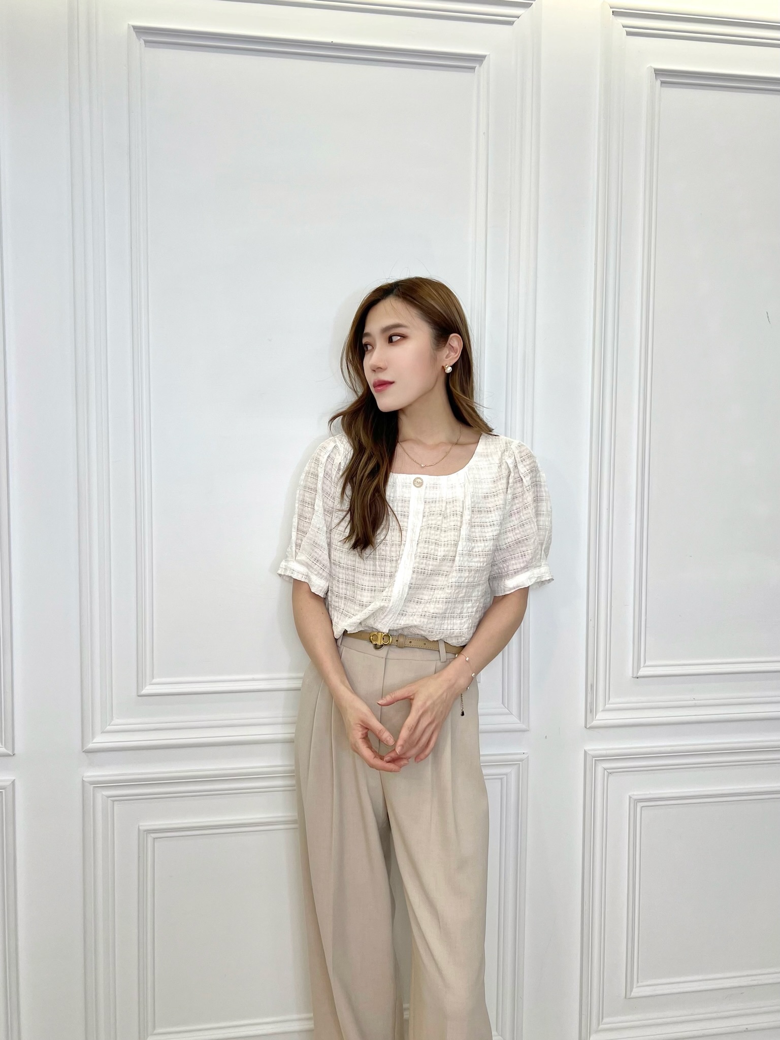 格紋揉皺感短袖棉麻上衣