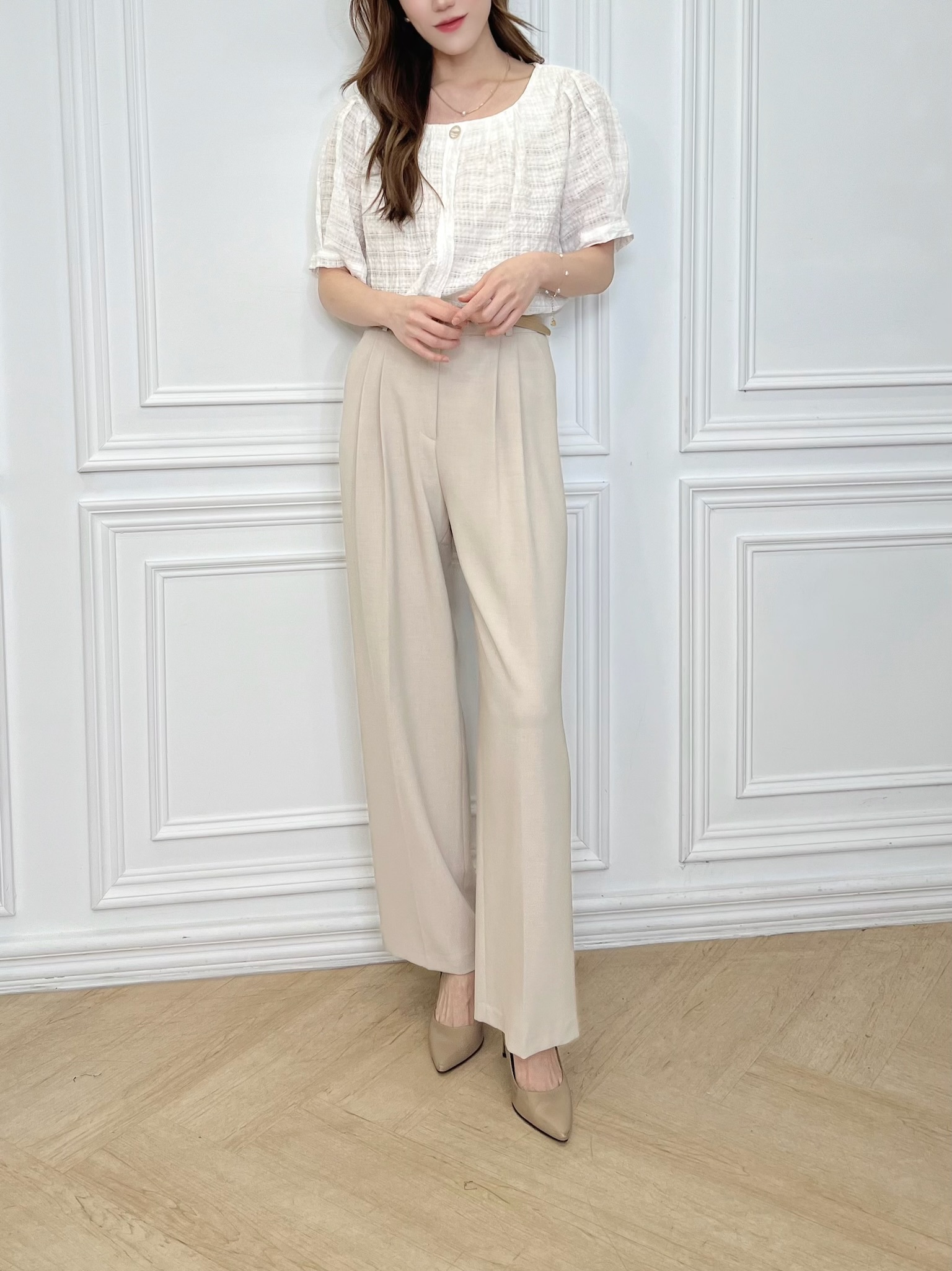 格紋揉皺感短袖棉麻上衣