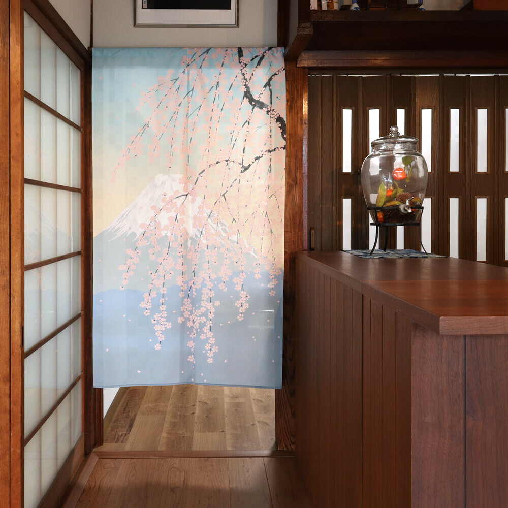 春天的富士山 櫻花富士 長暖簾 門簾 150cm｜日本製 のれん工房