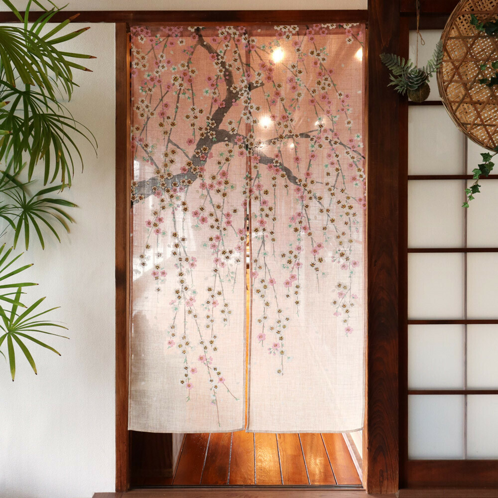 漸層櫻花 亞麻風 長暖簾 門簾 150cm｜日本製 のれん工房