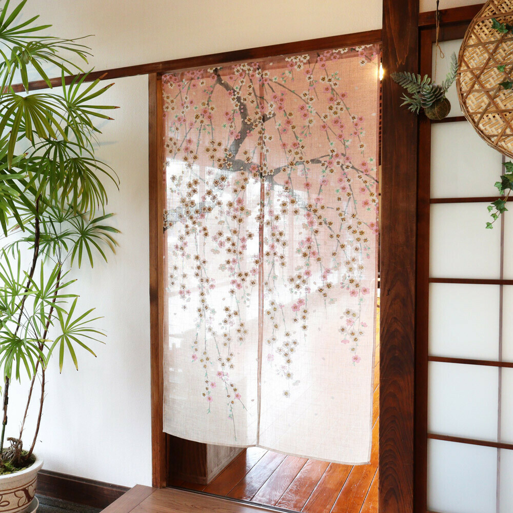 漸層櫻花 亞麻風 長暖簾 門簾 150cm｜日本製 のれん工房