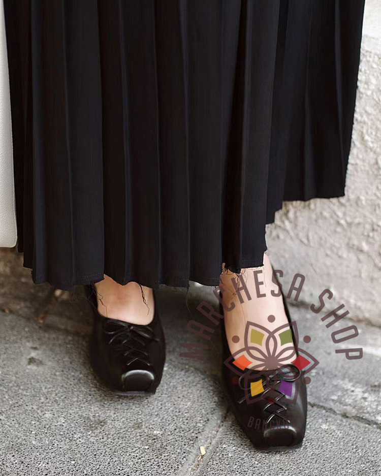 S3152 - 牛皮車綫綁帶蝴蝶結方頭平底鞋