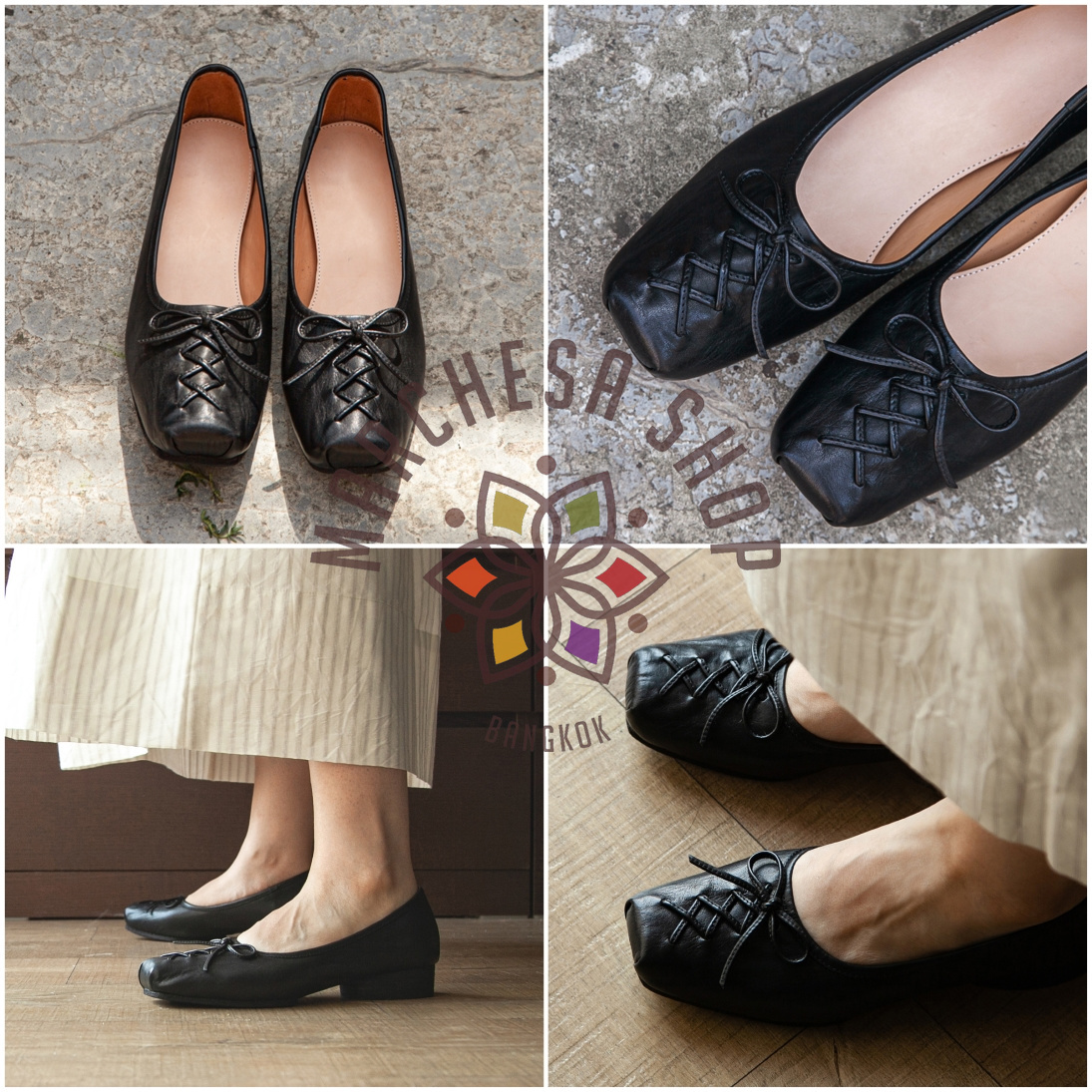 S3152 - 牛皮車綫綁帶蝴蝶結方頭平底鞋
