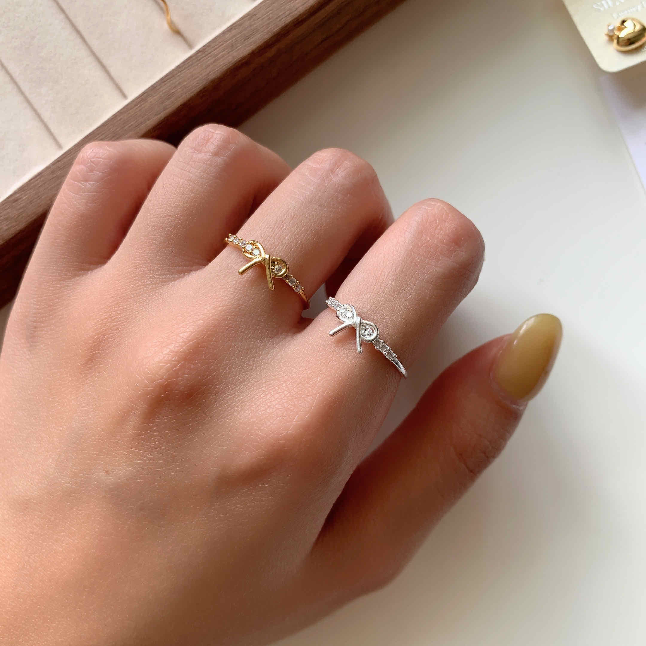 🇰🇷精緻推薦！925 silver 排鑽蝴蝶結戒指｜2 color