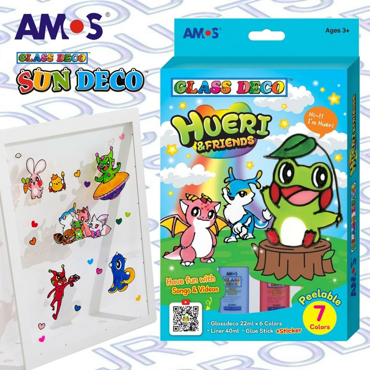 AMOS - 韓國 AMOS 繪畫玻璃彩 - Hueri & Friends系列, 7色 (盒裝) #GD22P7R-H《香港行貨》- 7色套裝/盒