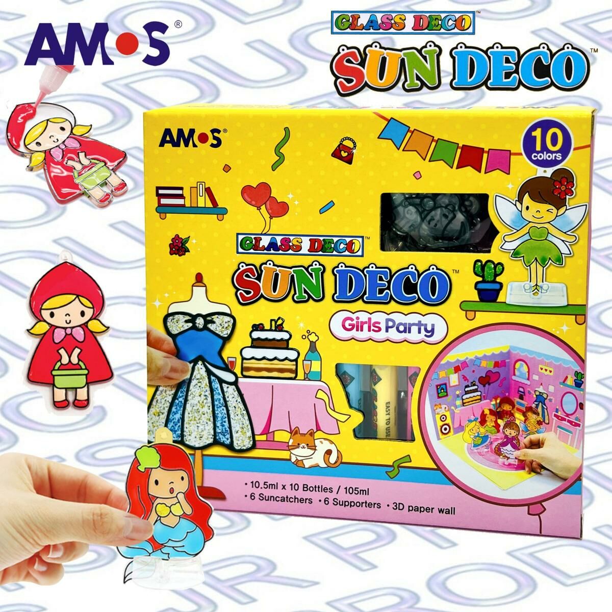 AMOS - 韓國 AMOS 繪畫玻璃彩連掛飾膠牌, 女孩派對 10.5毫升 x 10色(盒裝) #SD10P10-GP《香港行貨》- 1 套