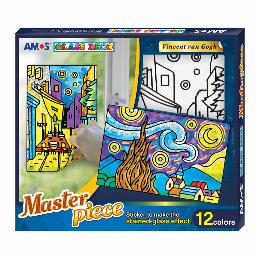 AMOS - 韓國 AMOS 繪畫玻璃彩連可移撕貼紙-梵高款, 12色 (盒裝) #PS10P12M-G《香港行貨》