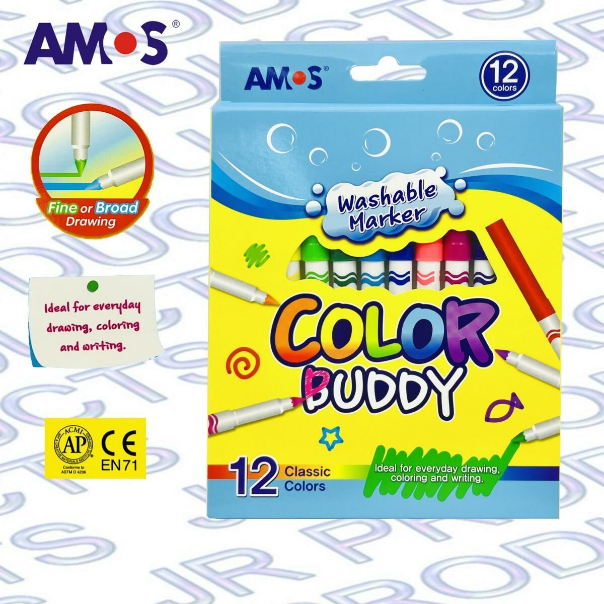 AMOS - 韓國 AMOS 12色幼桿易洗水筆顏色筆 #CM12P-L《香港行貨》- 12 色支裝/盒