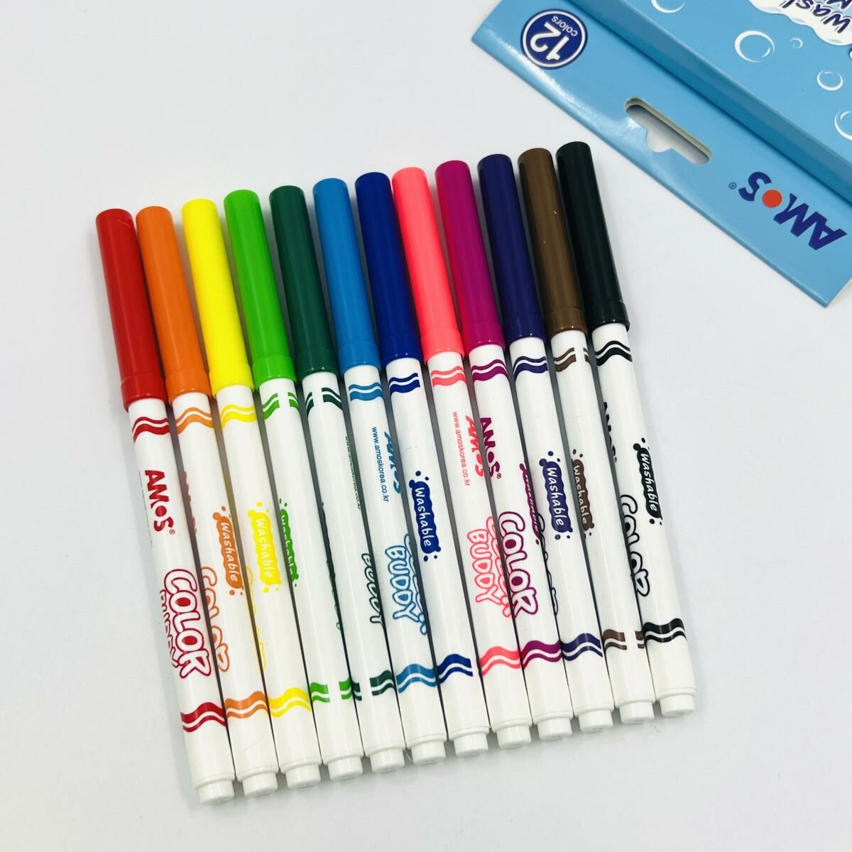 AMOS - 韓國 AMOS 12色幼桿易洗水筆顏色筆 #CM12P-L《香港行貨》- 12 色支裝/盒