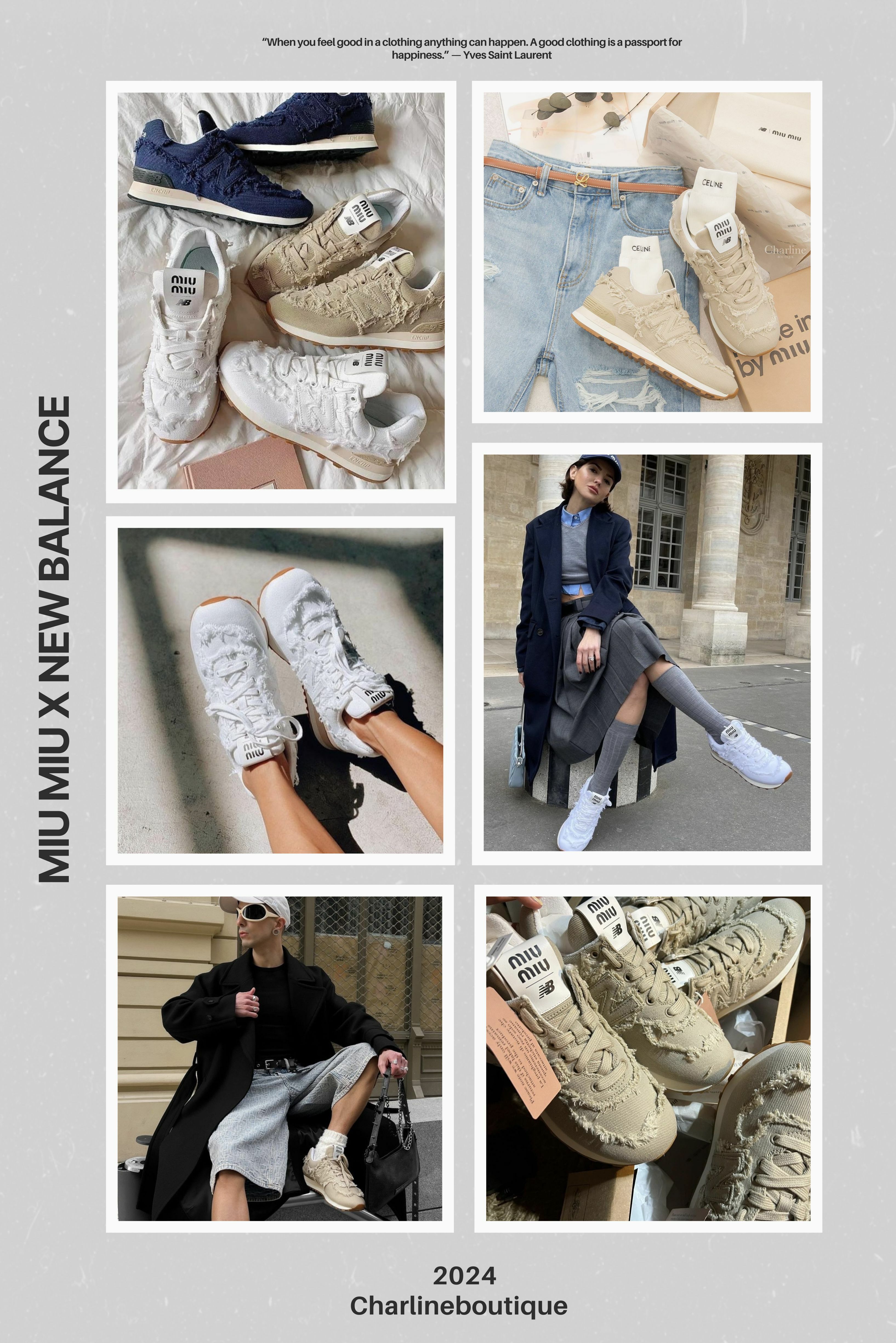 2023 年：二度合作  2023 年，Miu Miu x New Balance 聯名系列二度回歸，再次以 574 為主打款式。這次的設計延續了前次合作的“叛逆少女”風格，推出了三種顏色，其中的兩款採用抽鬚設計，分別是棕色和丹寧色。這種設計不僅賦予鞋子更多的層次，還增添了幾分隨性和鬆弛感。另一款則是仿舊處理的白色皮革，精緻的做舊細節展現了復古造型，難怪會被譽為“富婆快樂鞋”，因為穿上後的體感真是太好了呀。這款鞋在保留舒適度的同時，還增添了更多的時尚元素，讓人愛不釋手。這次合作再次掀起了一股搶購熱潮，球鞋圈和時尚圈的愛好者們無不為之瘋狂。