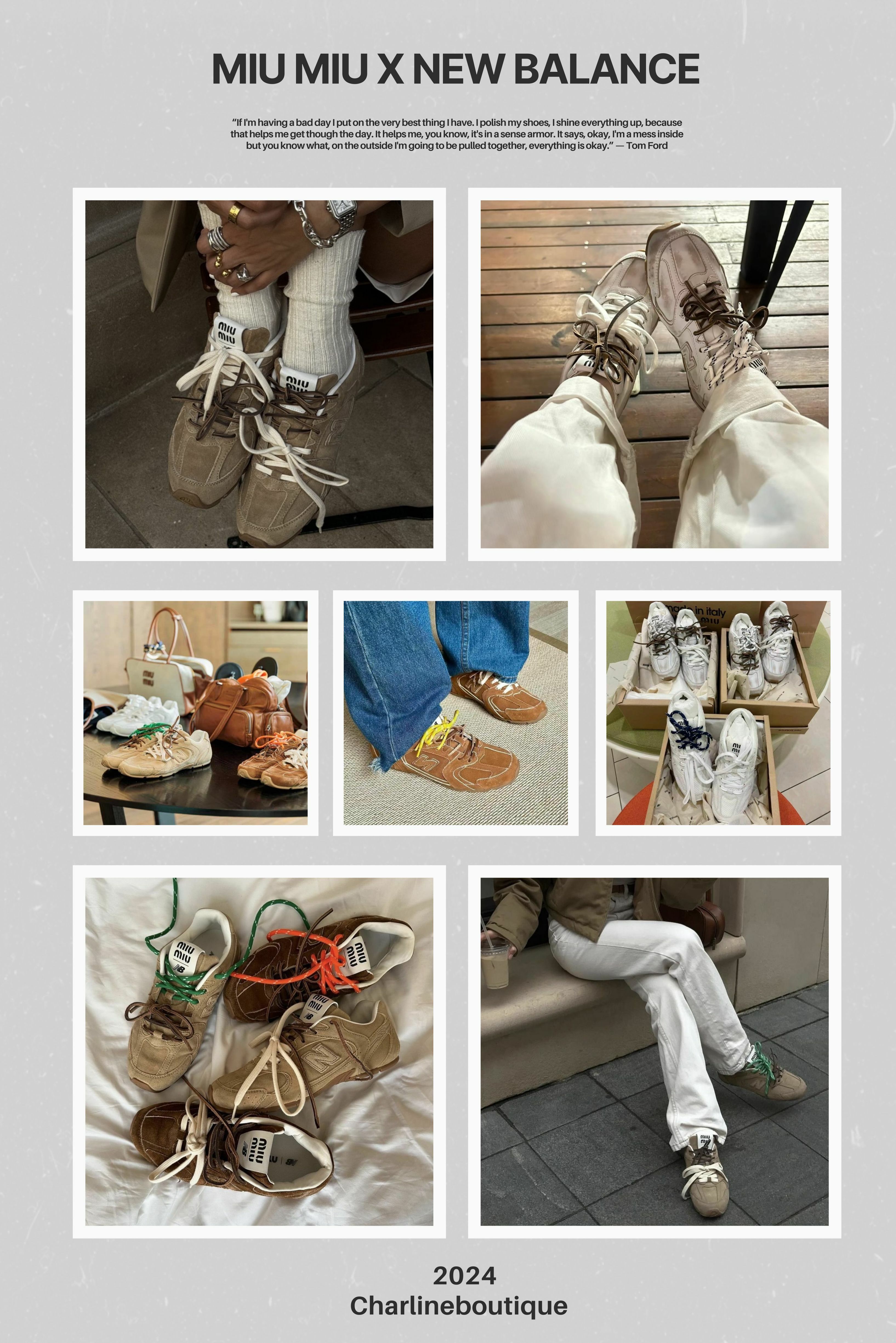 Miu Miu 和 New Balance 的合作，不僅僅是兩個品牌的結合，更是一種設計理念的碰撞與融合。Miu Miu 向來以精緻細膩的設計著稱，喜歡在細節上花心思，而 New Balance 則以其舒適度和功能性贏得了大量運動愛好者的喜愛。所以，這次的聯名系列不僅保留了 Miu Miu 的精緻感，同時也加入了 New Balance 的運動元素，難怪大家會為這一系列的聯名款瘋狂！我們不禁期待這兩個品牌未來更多的合作火花！當然，如果您也想擁有一雙超夯的 Miu Miu x New Balance 聯名鞋，歡迎隨時聯繫 Charline Boutique 客服哦！