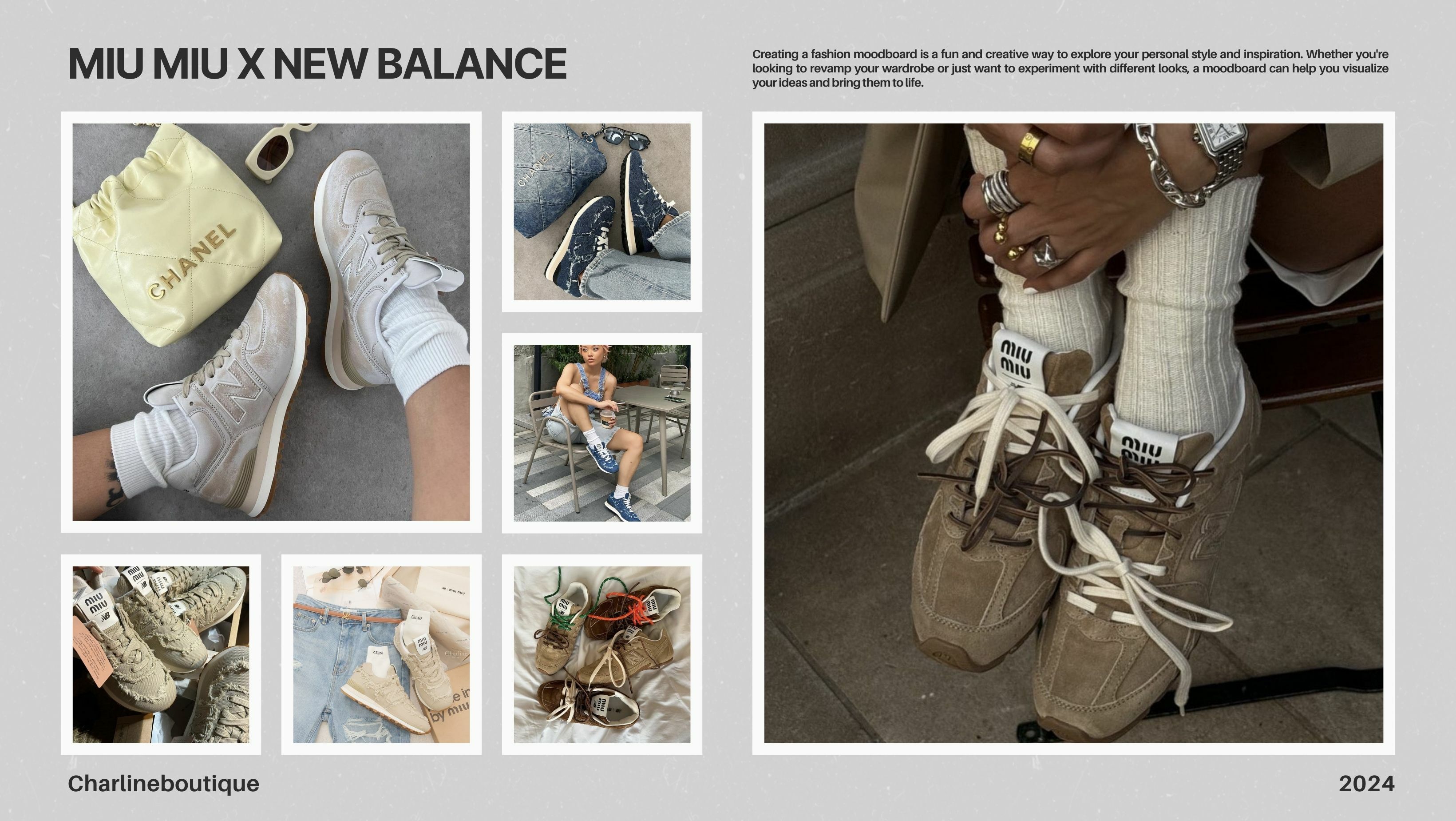 2022年春夏：首次聯名  2022 年春夏時裝周上，Miu Miu 和 New Balance 的首次聯名系列登場，驚艷了眾多 Miu Miu 少女和 574 跑鞋愛好者。這次聯名系列以奶茶色、白色和深藍色為主色調，採用舊物新創的設計理念，重新演繹了傳統運動鞋的時尚魅力。New Balance 以舒適度聞名，而這款球鞋更是適合瘋狂逛街或追逐孩子。上市後迅速售罄，成為當年球鞋圈的一大話題。這次合作的成功不僅在於顏色的選擇和設計理念的創新，更在於兩個品牌的完美結合。Miu Miu 的精緻設計和 New Balance 的舒適功能相輔相成，使這款球鞋既具時尚感又不失實用性。首次聯名就如此的成功，這也為後續的合作奠定了穩定的基礎。