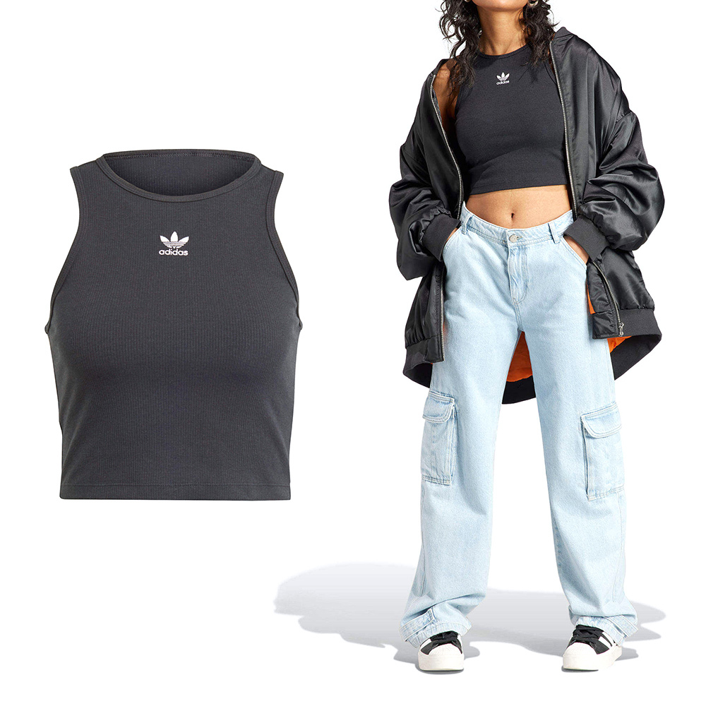 Adidas RIB Tank 女款 黑色 短版 背心 亞洲版 經典 三葉草 休閒 復古 羅紋 背心 IJ8251